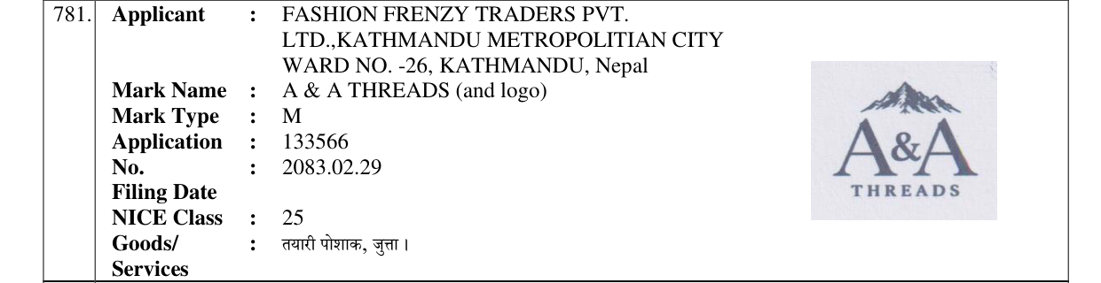 Original bulletin entry for A & A THREADS (and logo)