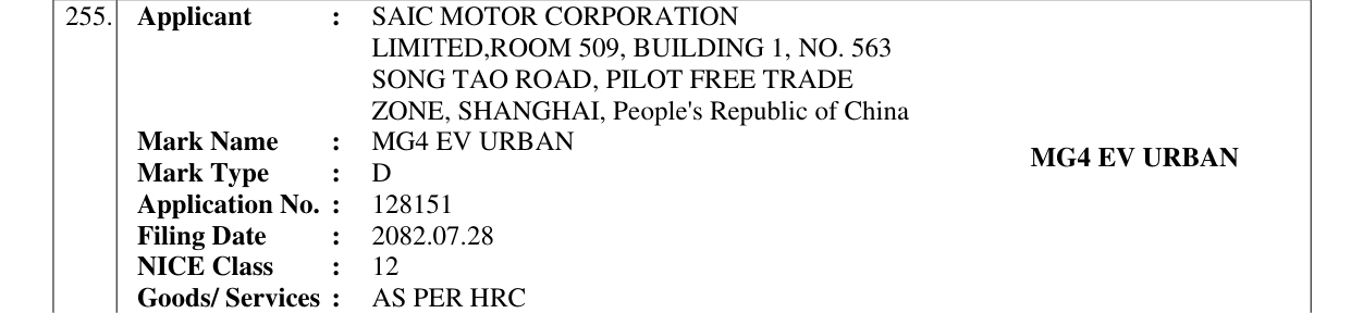 Original bulletin entry for MG4 EV URBAN MG4 EV URBAN
