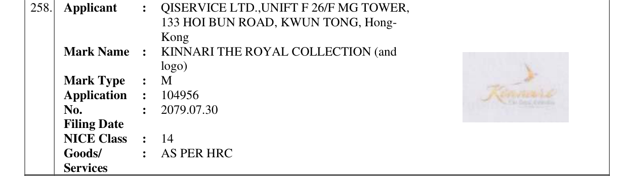 Original bulletin entry for KINNARI THE ROYAL COLLECTION (and logo)