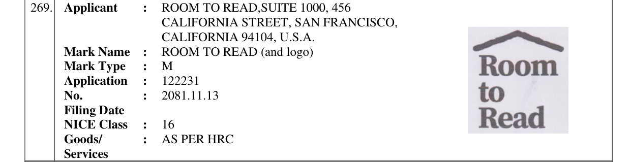 Original bulletin entry for ROOM TO READ (and logo)