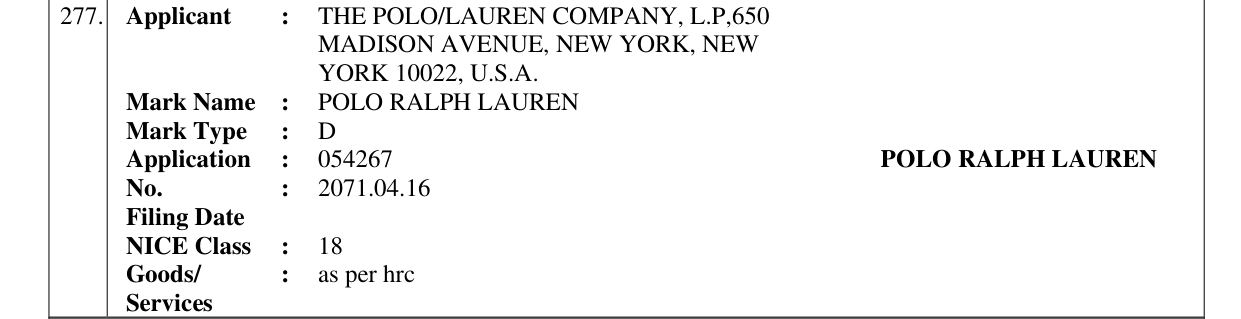 Original bulletin entry for POLO RALPH LAUREN