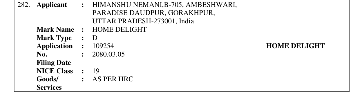Original bulletin entry for HOME DELIGHT