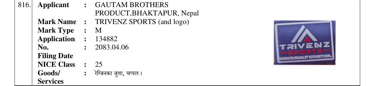 Original bulletin entry for TRIVENZ SPORTS (and logo)