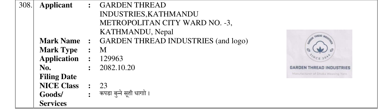 Original bulletin entry for GARDEN THREAD INDUSTRIES (and logo)