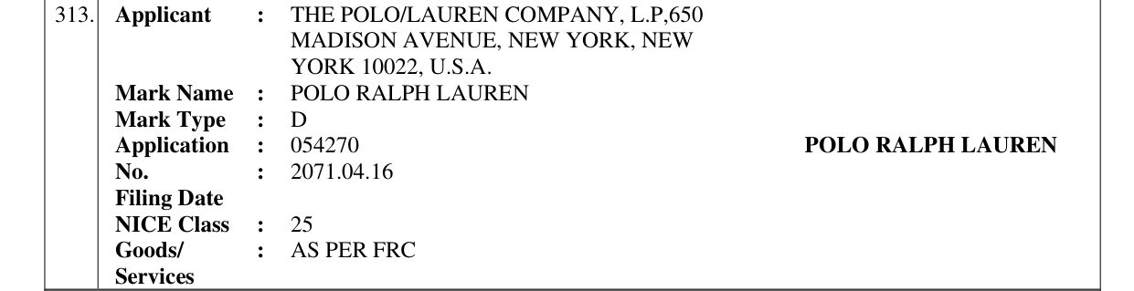 Original bulletin entry for POLO RALPH LAUREN