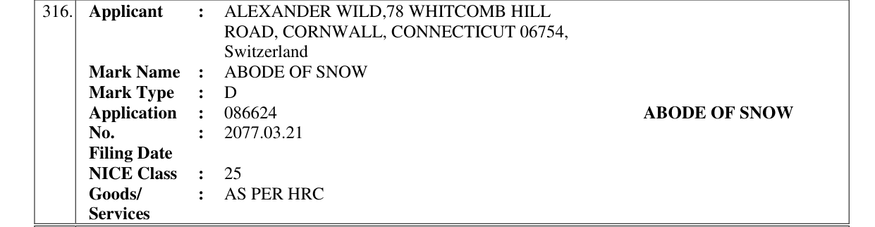 Original bulletin entry for ABODE OF SNOW
