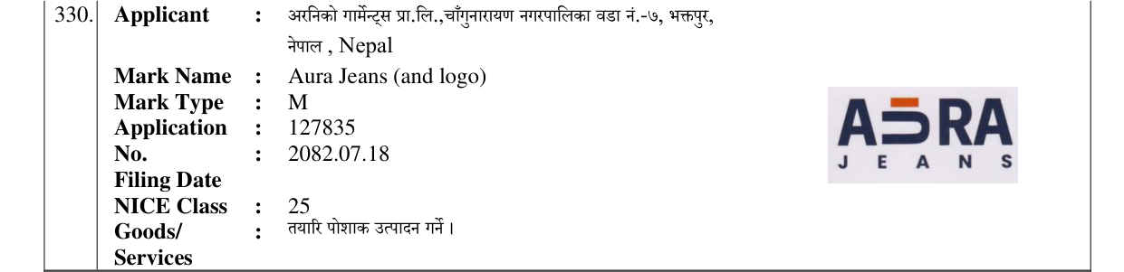 Original bulletin entry for Aura Jeans (and logo)