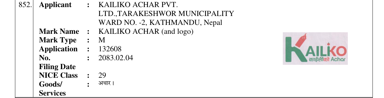 Original bulletin entry for KAILIKO ACHAR (and logo)
