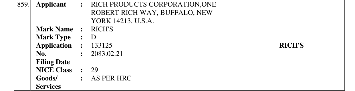 Original bulletin entry for RICH'S