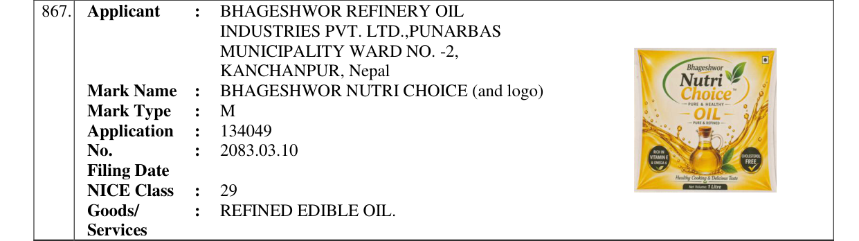 Original bulletin entry for BHAGESHWOR NUTRI CHOICE (and logo)
