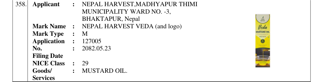 Original bulletin entry for NEPAL HARVEST VEDA (and logo)