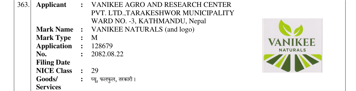 Original bulletin entry for VANIKEE NATURALS (and logo)