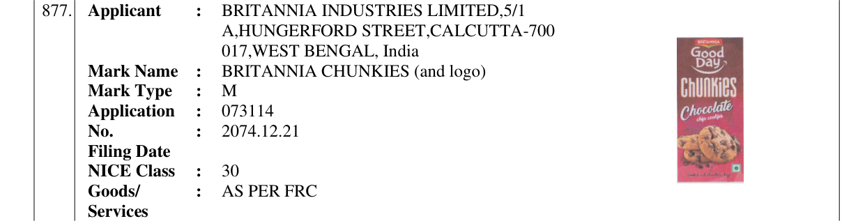 Original bulletin entry for BRITANNIA CHUNKIES (and logo)