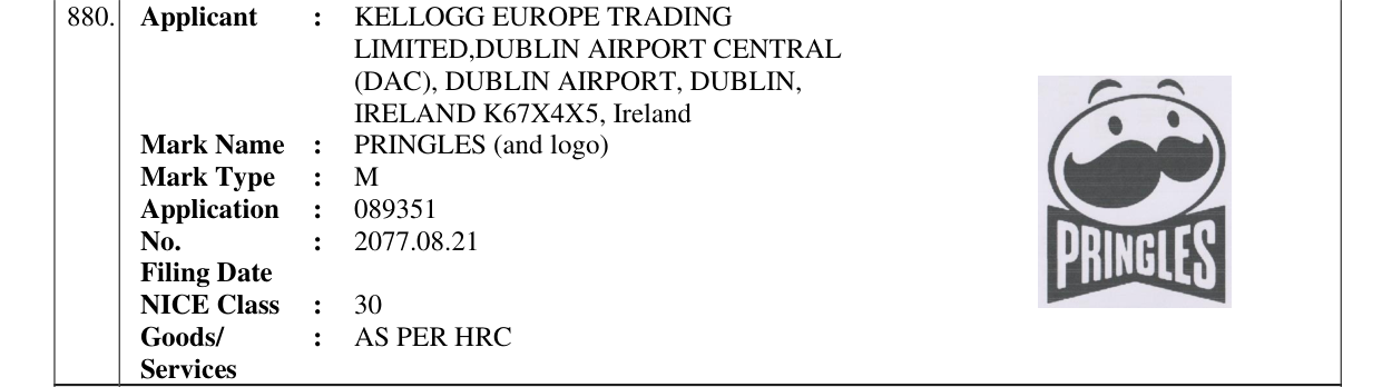 Original bulletin entry for PRINGLES (and logo)