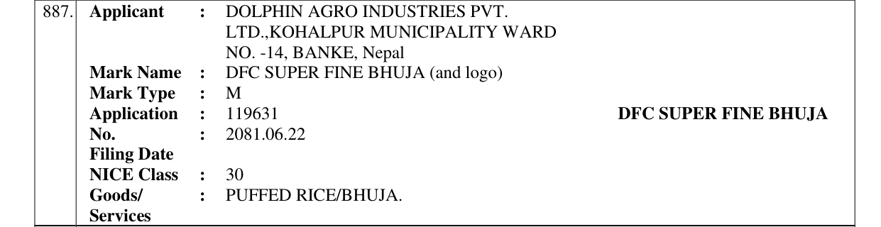 Original bulletin entry for DFC SUPER FINE BHUJA (and logo)