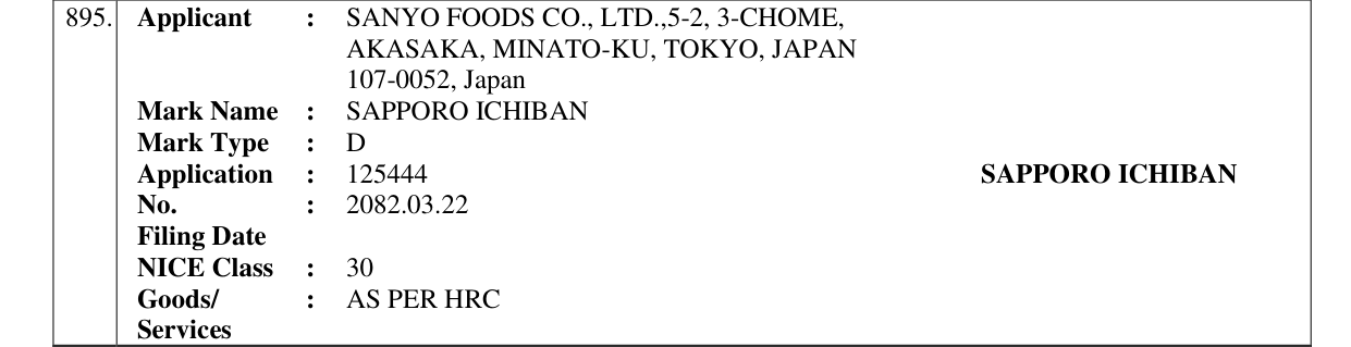Original bulletin entry for SAPPORO ICHIBAN