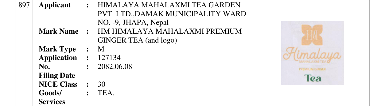 Original bulletin entry for HM HIMALAYA MAHALAXMI PREMIUM GINGER TEA (and logo)