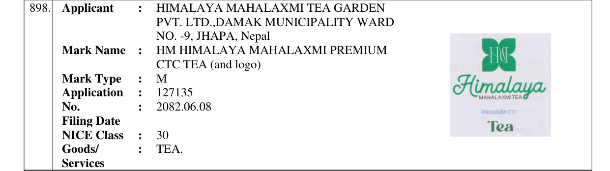 Original bulletin entry for HM HIMALAYA MAHALAXMI PREMIUM CTC TEA (and logo)