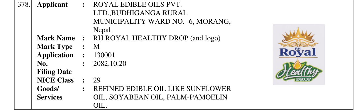 Original bulletin entry for RH ROYAL HEALTHY DROP (and logo)