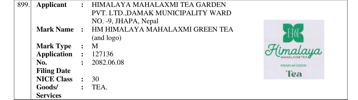 Original bulletin entry for HM HIMALAYA MAHALAXMI GREEN TEA (and logo)