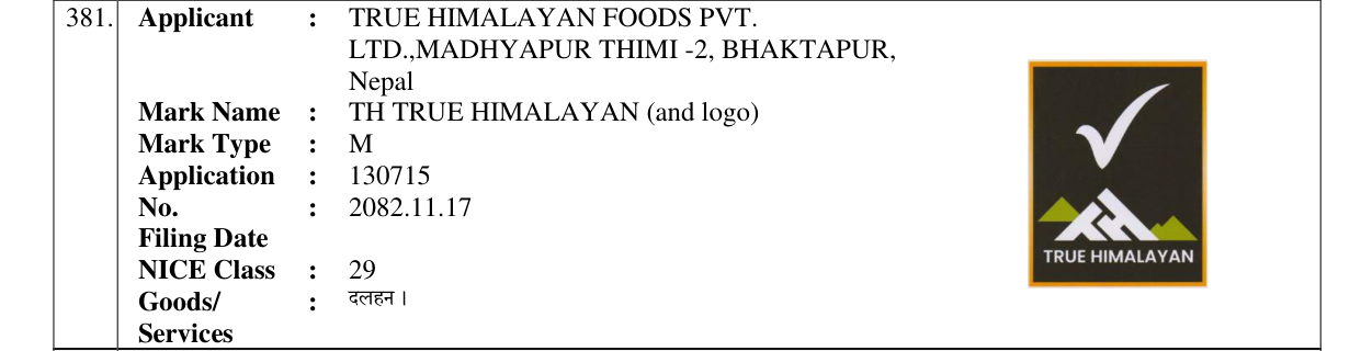 Original bulletin entry for TH TRUE HIMALAYAN (and logo)