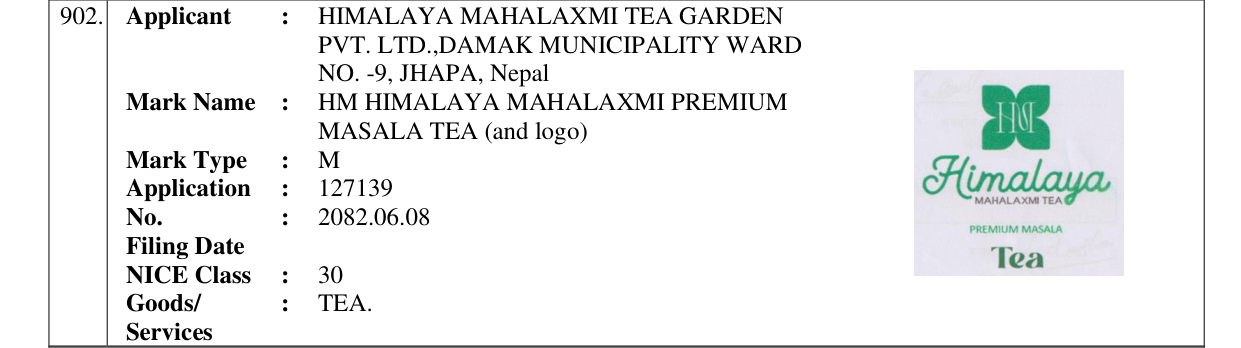 Original bulletin entry for HM HIMALAYA MAHALAXMI PREMIUM MASALA TEA (and logo)