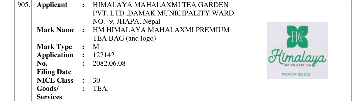 Original bulletin entry for HM HIMALAYA MAHALAXMI PREMIUM TEA BAG (and logo)