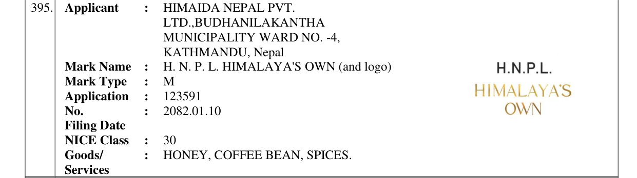 Original bulletin entry for H. N. P. L. HIMALAYA'S OWN (and logo)