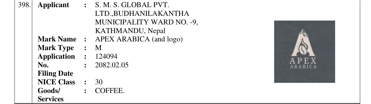 Original bulletin entry for APEX ARABICA (and logo)