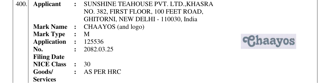 Original bulletin entry for CHAAYOS (and logo)