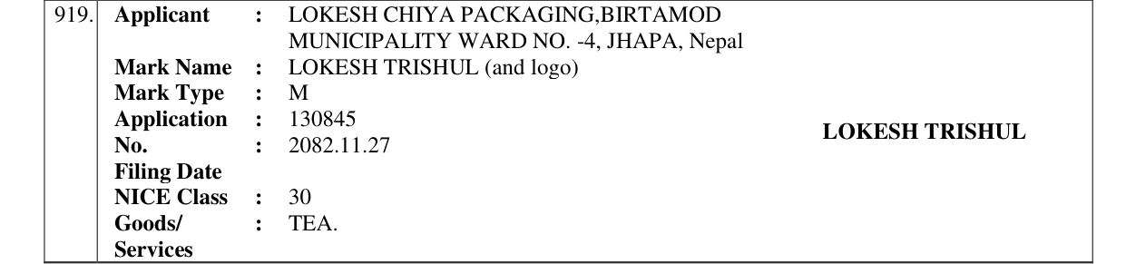 Original bulletin entry for LOKESH TRISHUL (and logo)