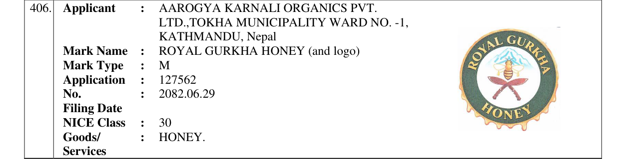 Original bulletin entry for ROYAL GURKHA HONEY (and logo)