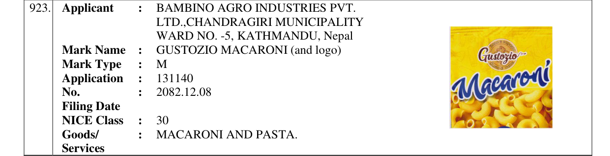 Original bulletin entry for GUSTOZIO MACARONI (and logo)