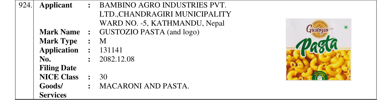Original bulletin entry for GUSTOZIO PASTA (and logo)