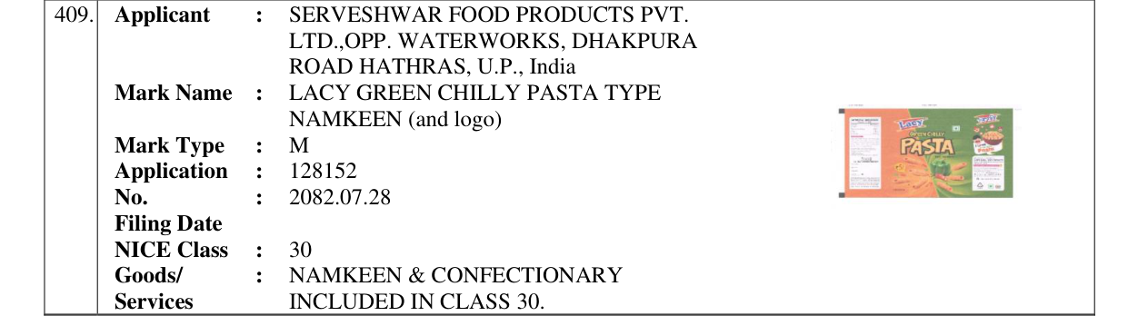 Original bulletin entry for LACY GREEN CHILLY PASTA TYPE NAMKEEN (and logo)