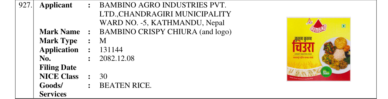 Original bulletin entry for BAMBINO CRISPY CHIURA (and logo)