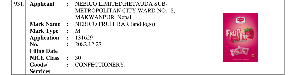 Original bulletin entry for NEBICO FRUIT BAR (and logo)