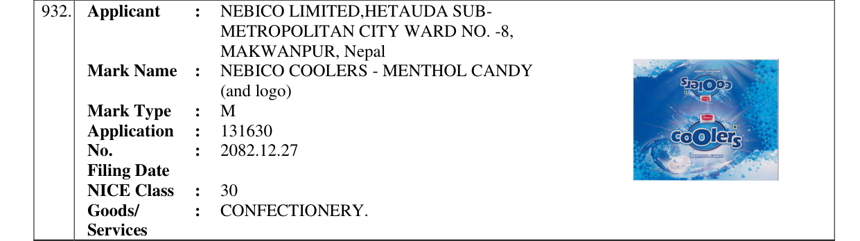 Original bulletin entry for NEBICO COOLERS - MENTHOL CANDY (and logo)