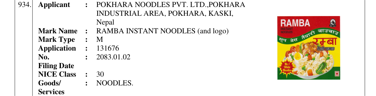 Original bulletin entry for RAMBA INSTANT NOODLES (and logo)