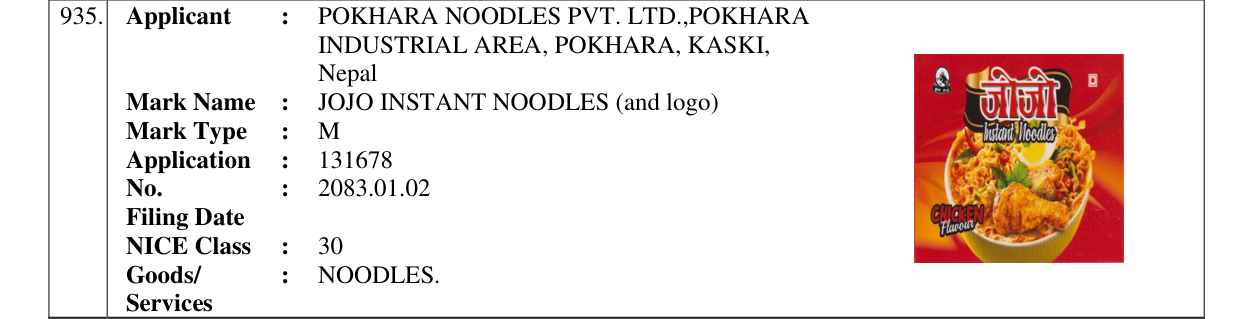 Original bulletin entry for JOJO INSTANT NOODLES (and logo)