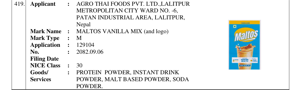 Original bulletin entry for MALTOS VANILLA MIX (and logo)