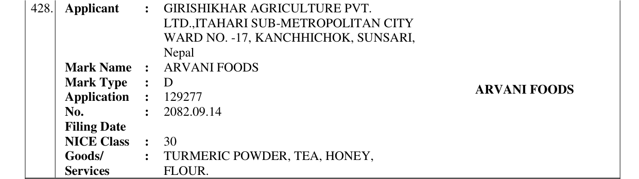 Original bulletin entry for ARVANI FOODS