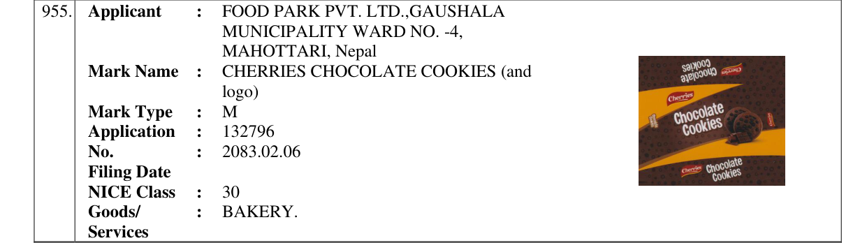 Original bulletin entry for CHERRIES CHOCOLATE COOKIES (and logo)