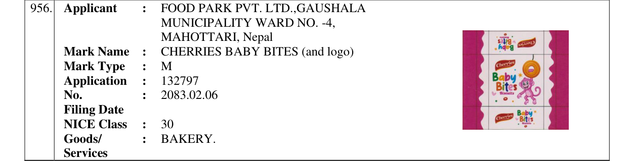 Original bulletin entry for CHERRIES BABY BITES (and logo)