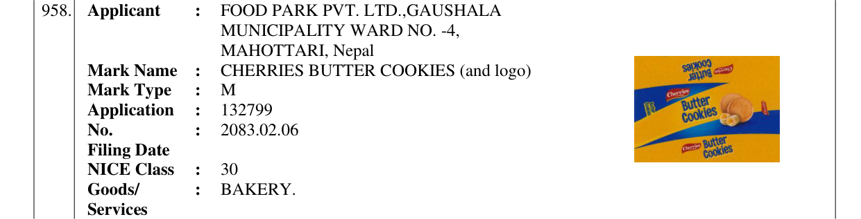 Original bulletin entry for CHERRIES BUTTER COOKIES (and logo)