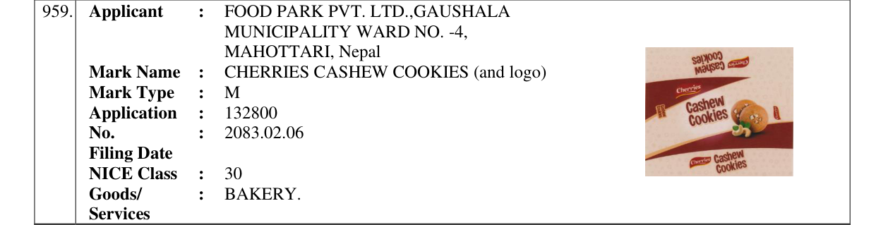Original bulletin entry for CHERRIES CASHEW COOKIES (and logo)