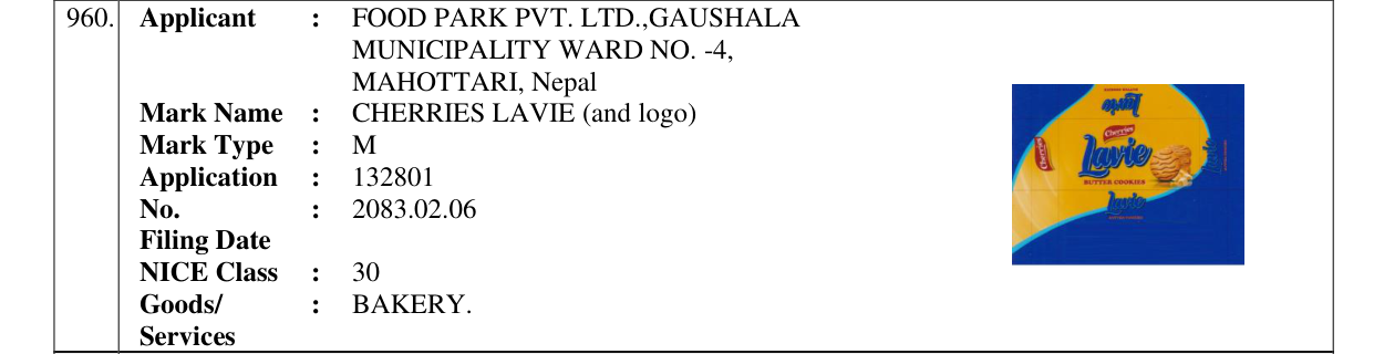 Original bulletin entry for CHERRIES LAVIE (and logo)