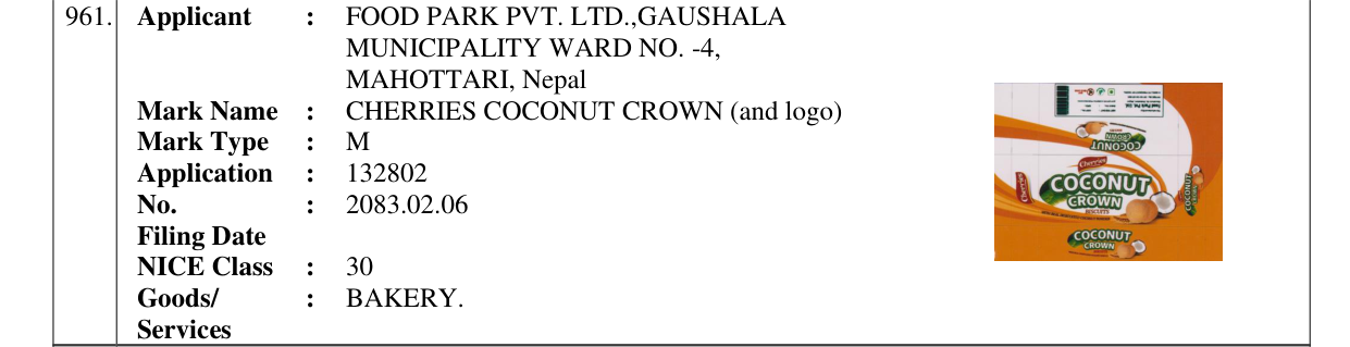 Original bulletin entry for CHERRIES COCONUT CROWN (and logo)