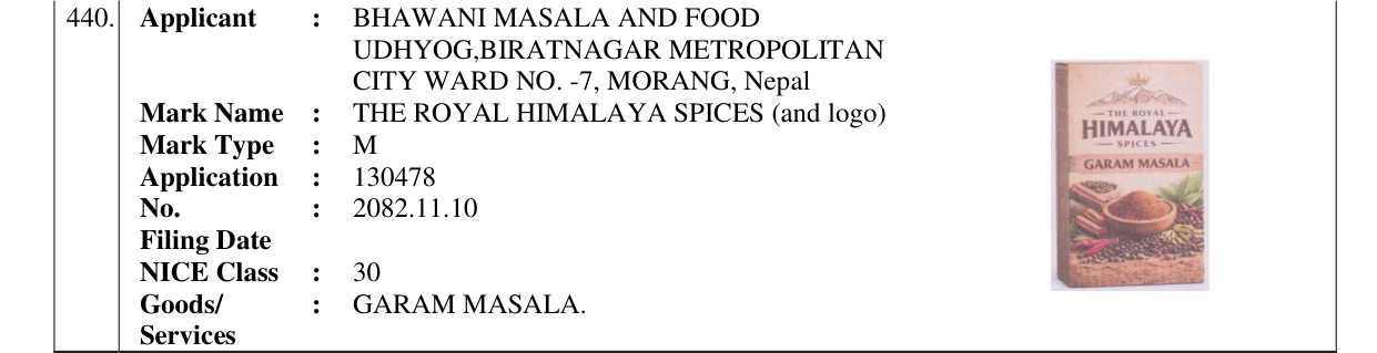 Original bulletin entry for THE ROYAL HIMALAYA SPICES (and logo)
