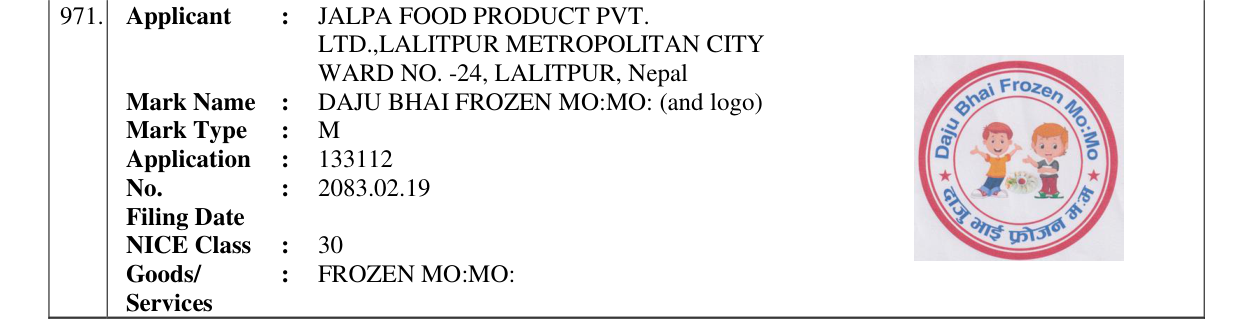 Original bulletin entry for DAJU BHAI FROZEN MO:MO: (and logo)